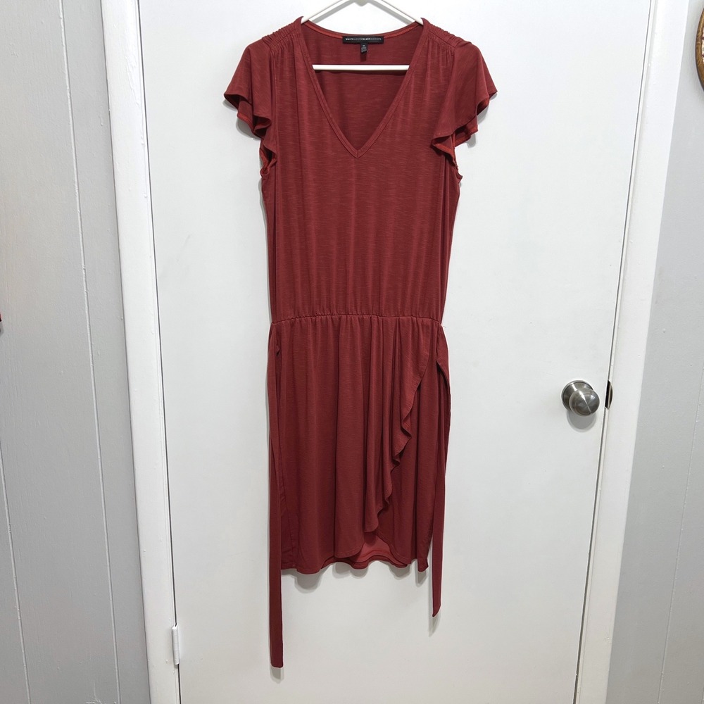 White House Black Market Glamgetter Faux Wrap Dress Womens M Rust Flutter Sleeve